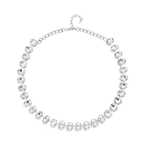 White Glass Tennis Choker Design Necklace 20-22 Inches in Silvertone - Picture 1 of 3